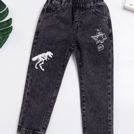 Baby Gutter Retro Jeans Casual Dinosaur Print Elastisk Midje Dongeribukser Barneklær