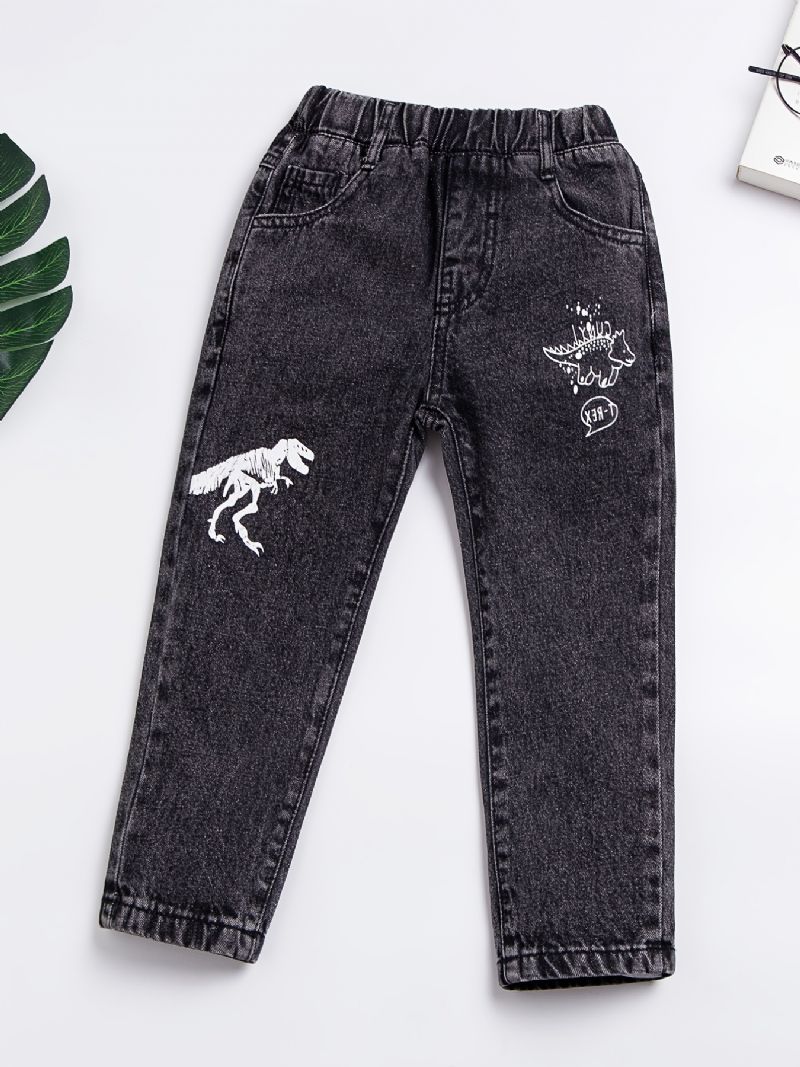 Baby Gutter Retro Jeans Casual Dinosaur Print Elastisk Midje Dongeribukser Barneklær