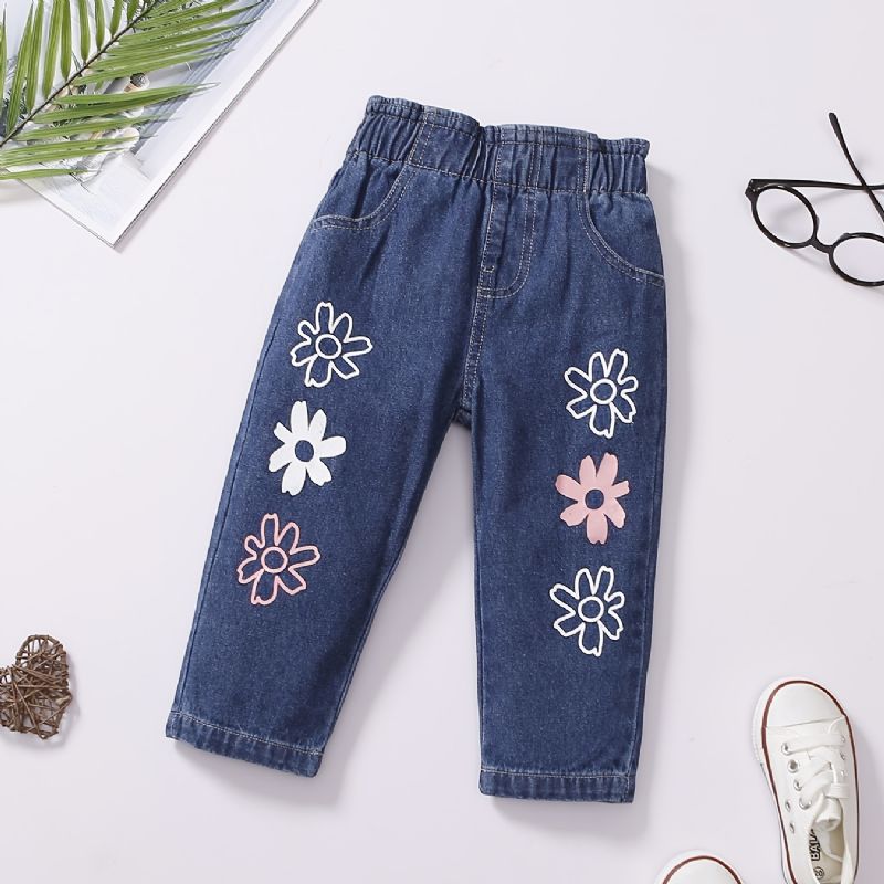 Baby Jenter Denim Casual Mote Jeans Blomster Print Pant Barneklær