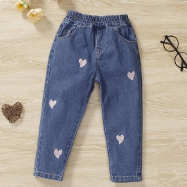 Baby Jenter Jeans Casual Hjerte Broderi Bukser Barneklær