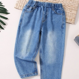 Baby Jenter Retro Jeans Casual Ensfarge Elastisk Midje Dongeribukser Barneklær