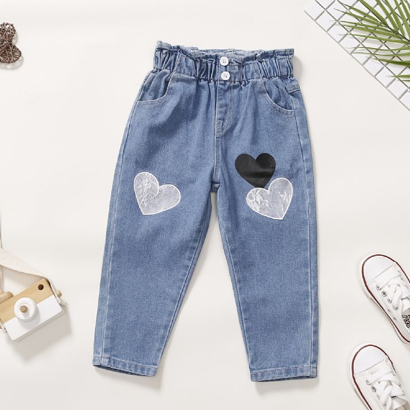 Baby Jenter Søt Vintage Denim Jeans Med Hjertetrykk Elastisk Midje