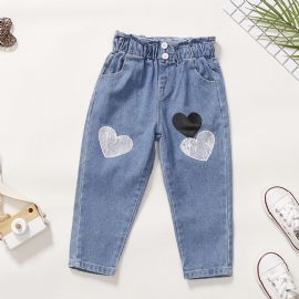 Baby Jenter Søt Vintage Denim Jeans Med Hjertetrykk Elastisk Midje