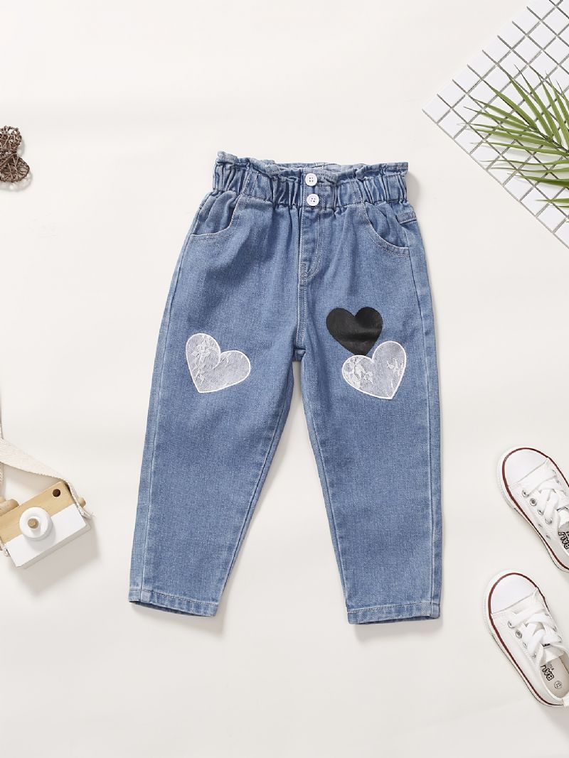 Baby Jenter Søt Vintage Denim Jeans Med Hjertetrykk Elastisk Midje