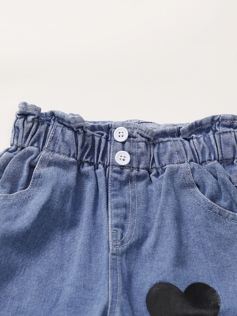 Baby Jenter Søt Vintage Denim Jeans Med Hjertetrykk Elastisk Midje