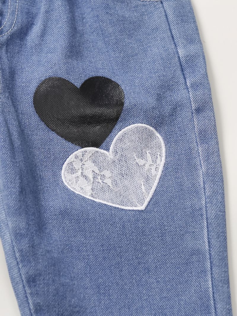 Baby Jenter Søt Vintage Denim Jeans Med Hjertetrykk Elastisk Midje