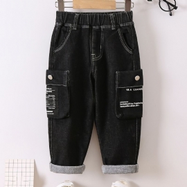 Barn Gutter Casual Denim Mote Jeans Bokstavtrykk Lommebukser