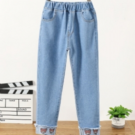 Barn Jenter Casual Denim Cartoon Bear Print Jeans Vår Høst