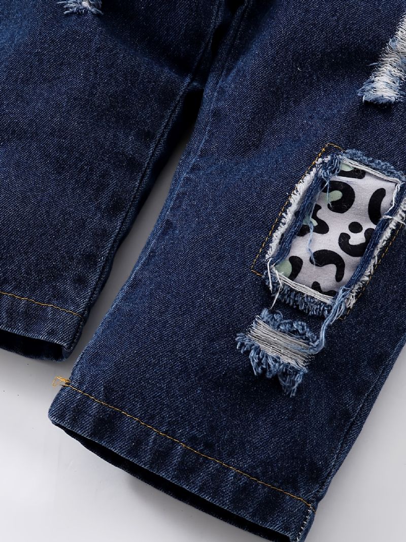 Ermeløs Topp Med Leopardtrykk For Jenter + Matchende Belte-rippede Jeans For Barn