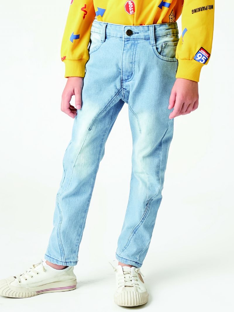 Gutter Casual Elastisk Denim Jeans Lett Trendy Straight Leg Bukser Lyseblå