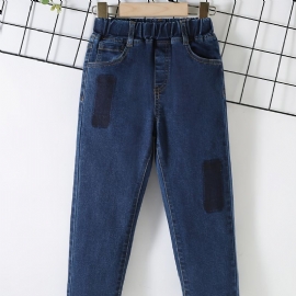 Gutter Casual Enkel Patch Denim Jeans Med Elastisk Midje For Vinteren