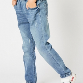 Gutter Casual Enkel Vintage Denim Jeans Med Elastisk Midje