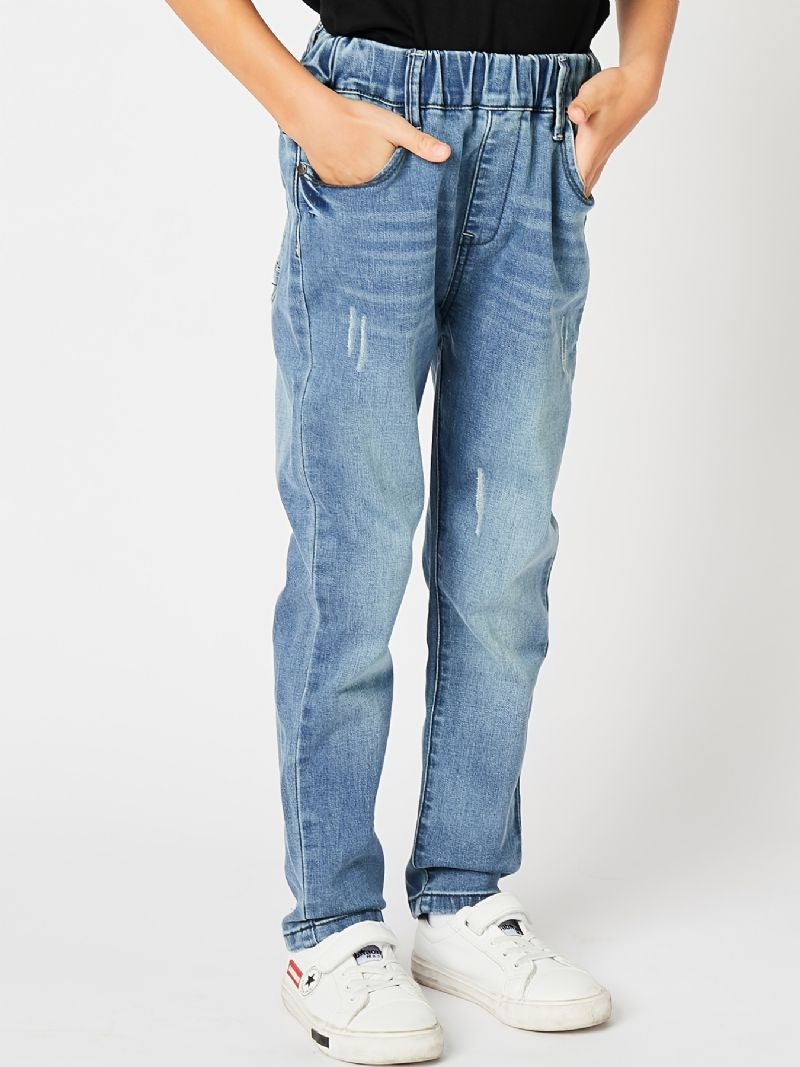 Gutter Casual Enkel Vintage Denim Jeans Med Elastisk Midje