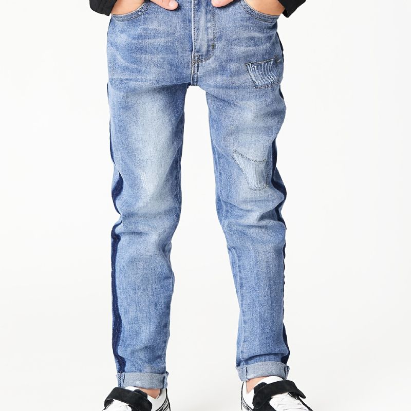 Gutter Casual Enkel Vintage Ripped Denim Jeans Slim Fit Stripete Fargeblokkbukser