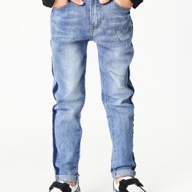 Gutter Casual Enkel Vintage Ripped Denim Jeans Slim Fit Stripete Fargeblokkbukser