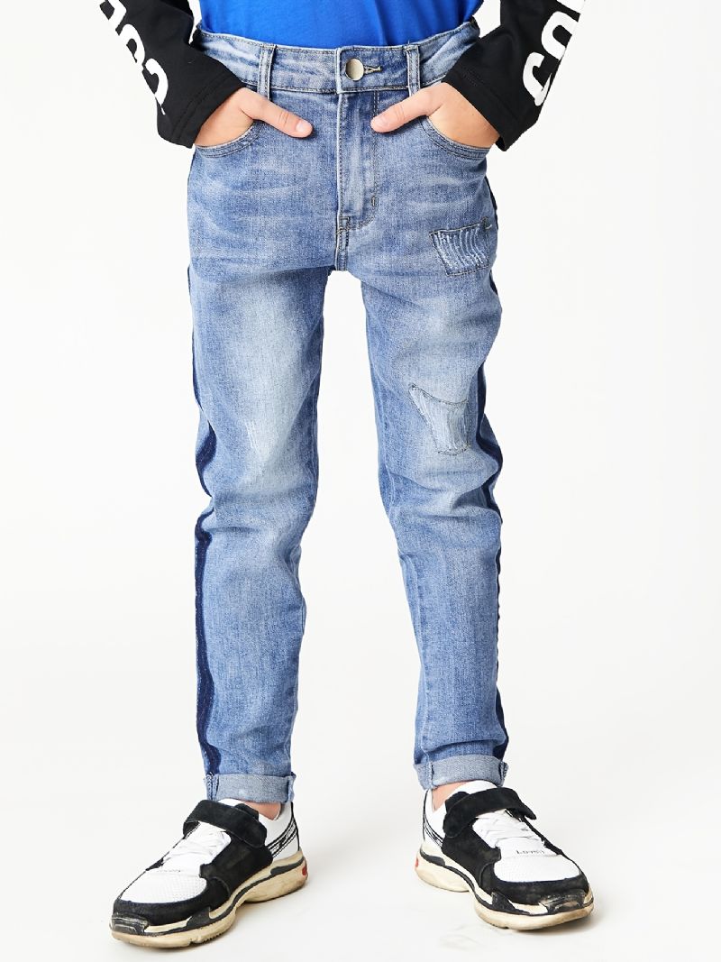 Gutter Casual Enkel Vintage Ripped Denim Jeans Slim Fit Stripete Fargeblokkbukser