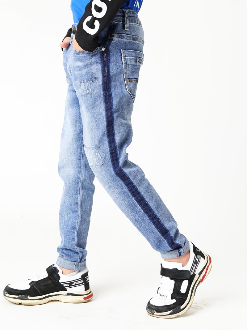 Gutter Casual Enkel Vintage Ripped Denim Jeans Slim Fit Stripete Fargeblokkbukser