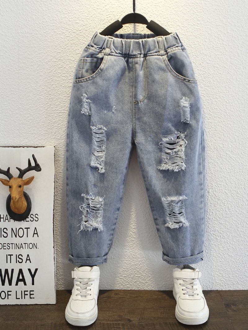 Gutter Casual Ripped Jeans Elastisk Midje Dongeribukser