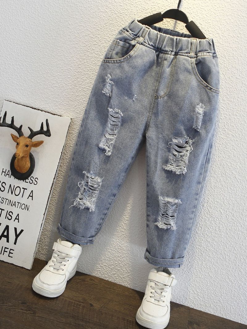 Gutter Casual Ripped Jeans Elastisk Midje Dongeribukser