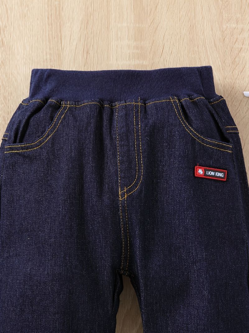 Gutter Casual Solid Elastisk Midje Joggebukser Denim Jeans Klær