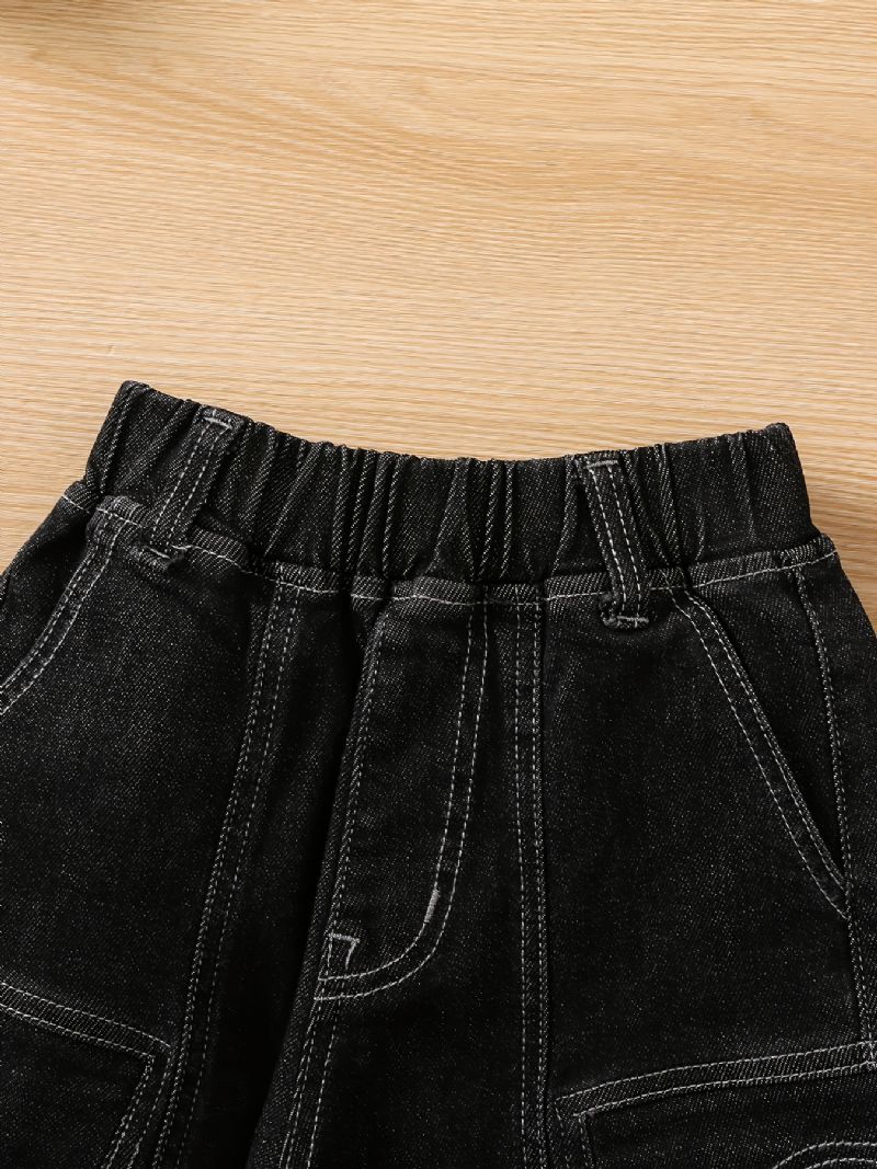 Gutter Casual Solid Lommer Side Elastisk Midje Bukser Jeans Klær