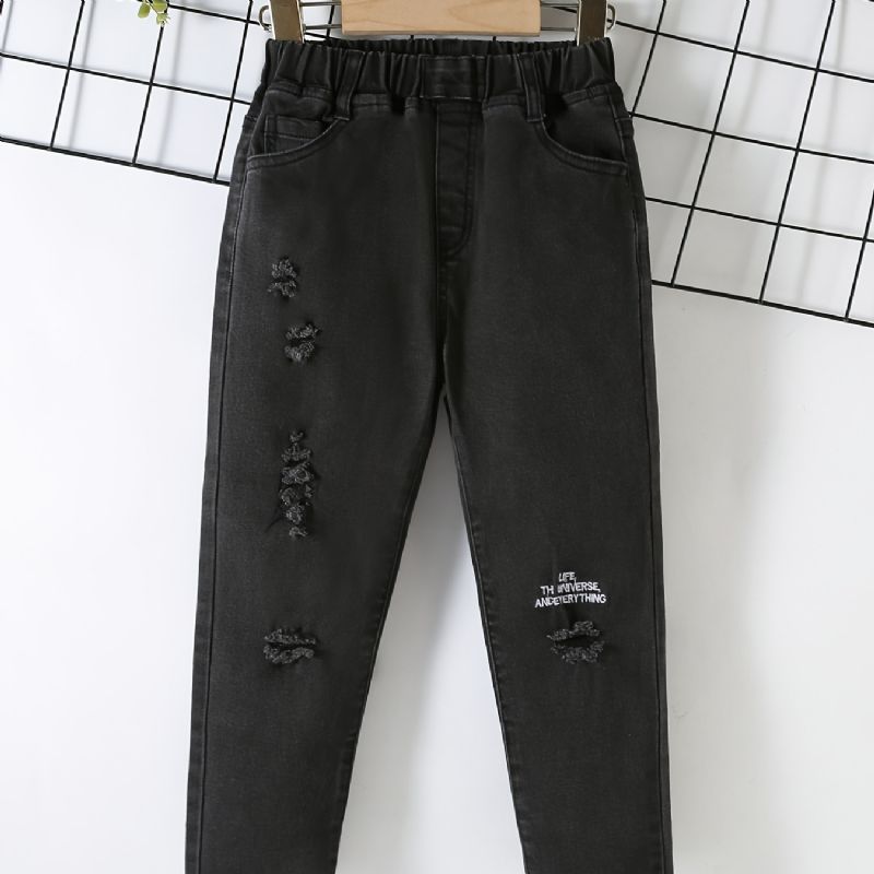 Gutter Casual Solid Ripped Letter Print Denim Jeans Med Elastisk Midje For Winter Black