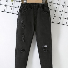 Gutter Casual Solid Ripped Letter Print Denim Jeans Med Elastisk Midje For Winter Black