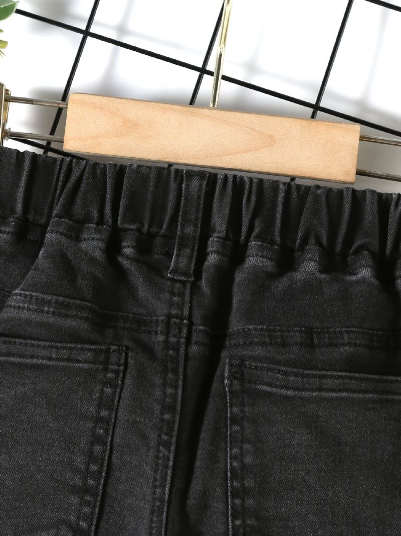 Gutter Casual Solid Ripped Letter Print Denim Jeans Med Elastisk Midje For Winter Black