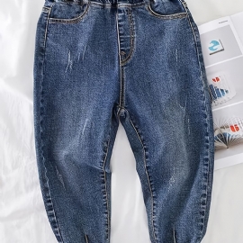 Gutter Casual Vintage Denim Jeans Elastiske Midjebukser For Vår Høst