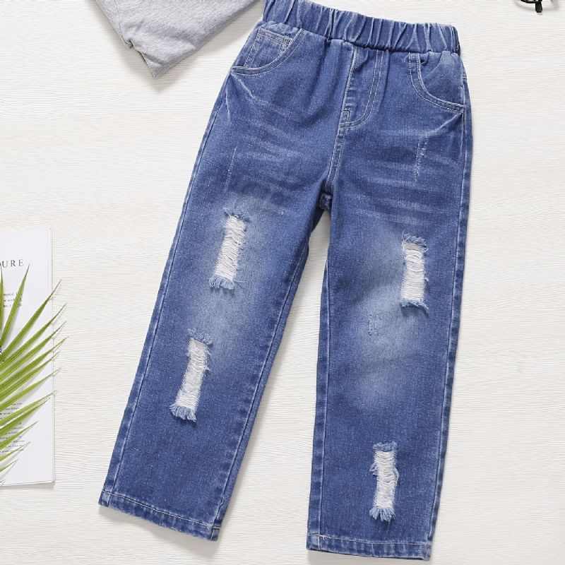 Gutter Falmet Ripped Denim Jeans Med Elastisk Midje Uformelle Barneklær