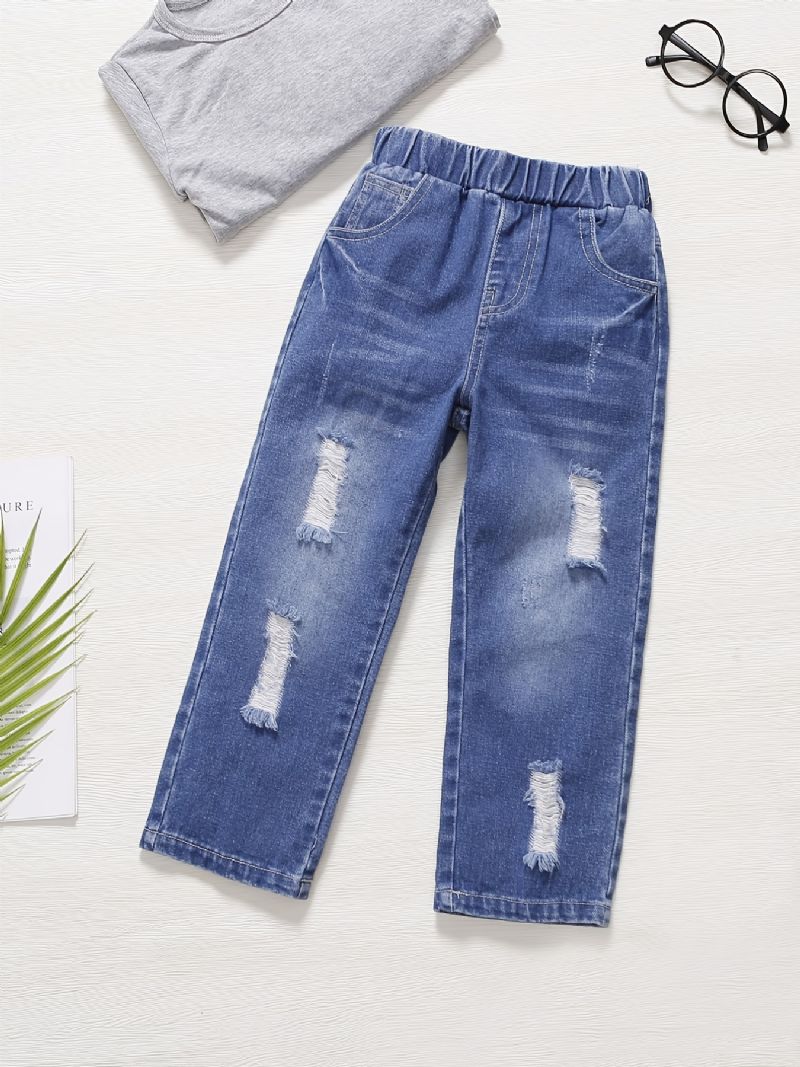 Gutter Falmet Ripped Denim Jeans Med Elastisk Midje Uformelle Barneklær