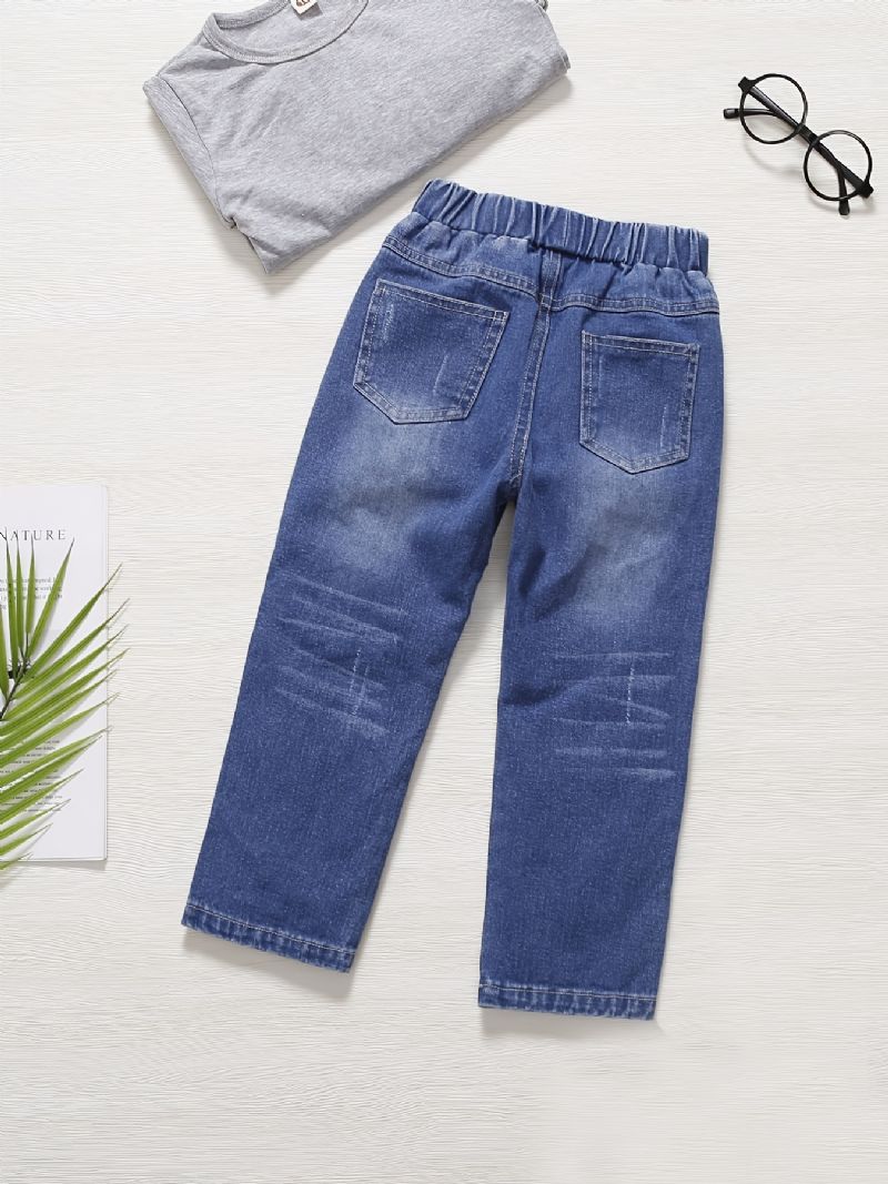 Gutter Falmet Ripped Denim Jeans Med Elastisk Midje Uformelle Barneklær