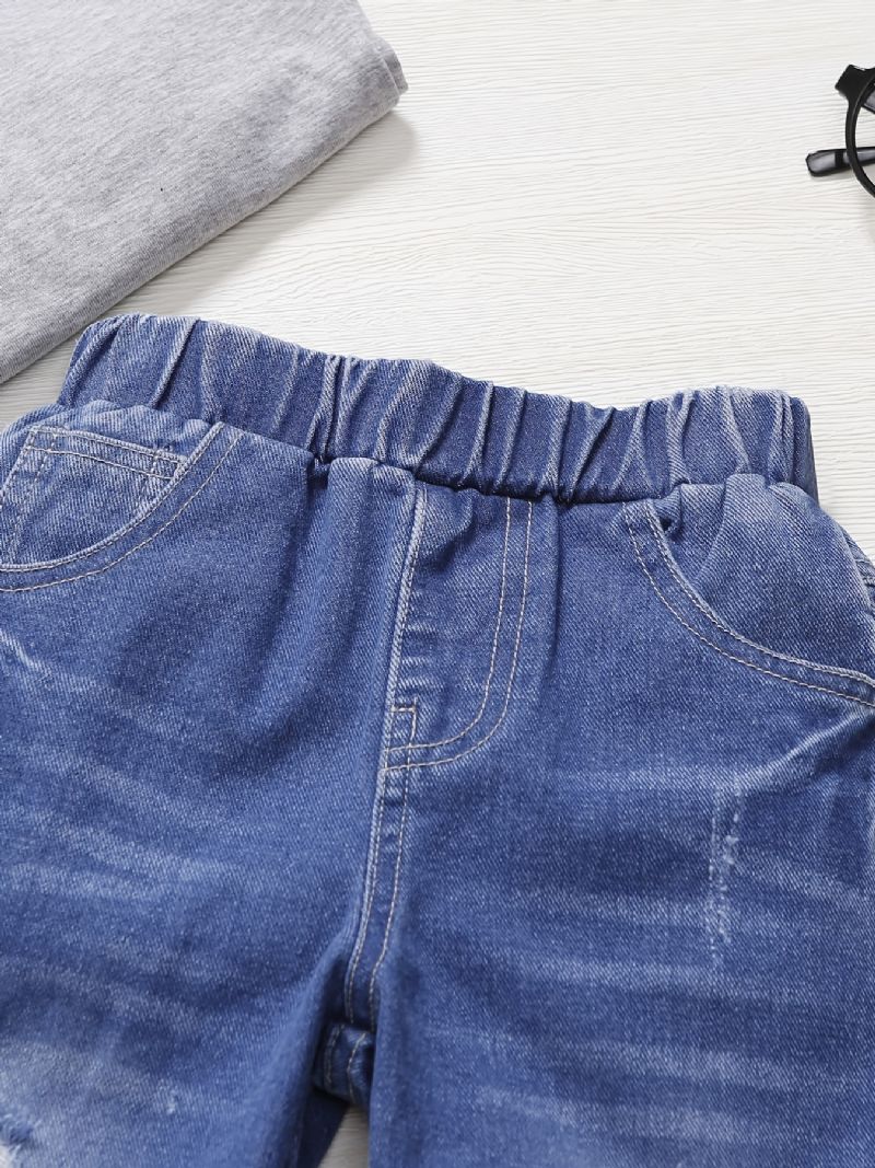 Gutter Falmet Ripped Denim Jeans Med Elastisk Midje Uformelle Barneklær