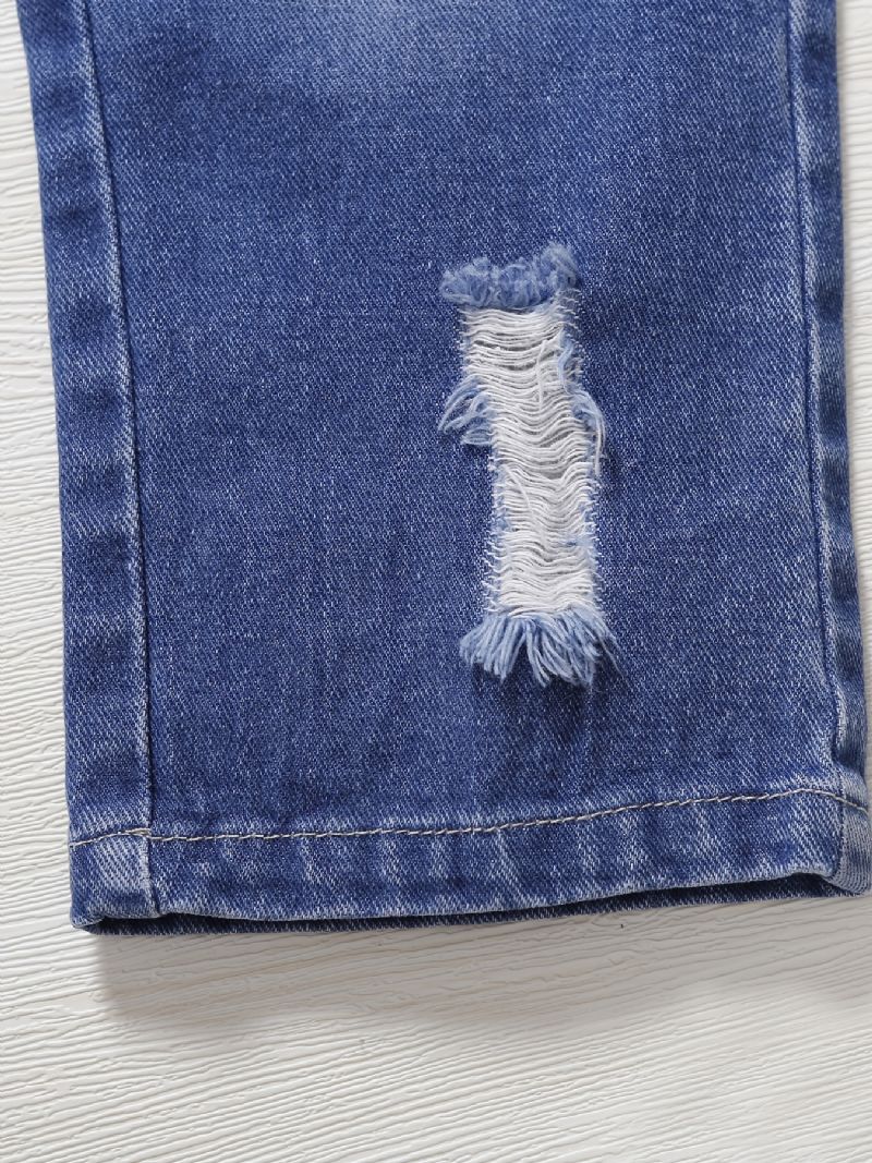 Gutter Falmet Ripped Denim Jeans Med Elastisk Midje Uformelle Barneklær