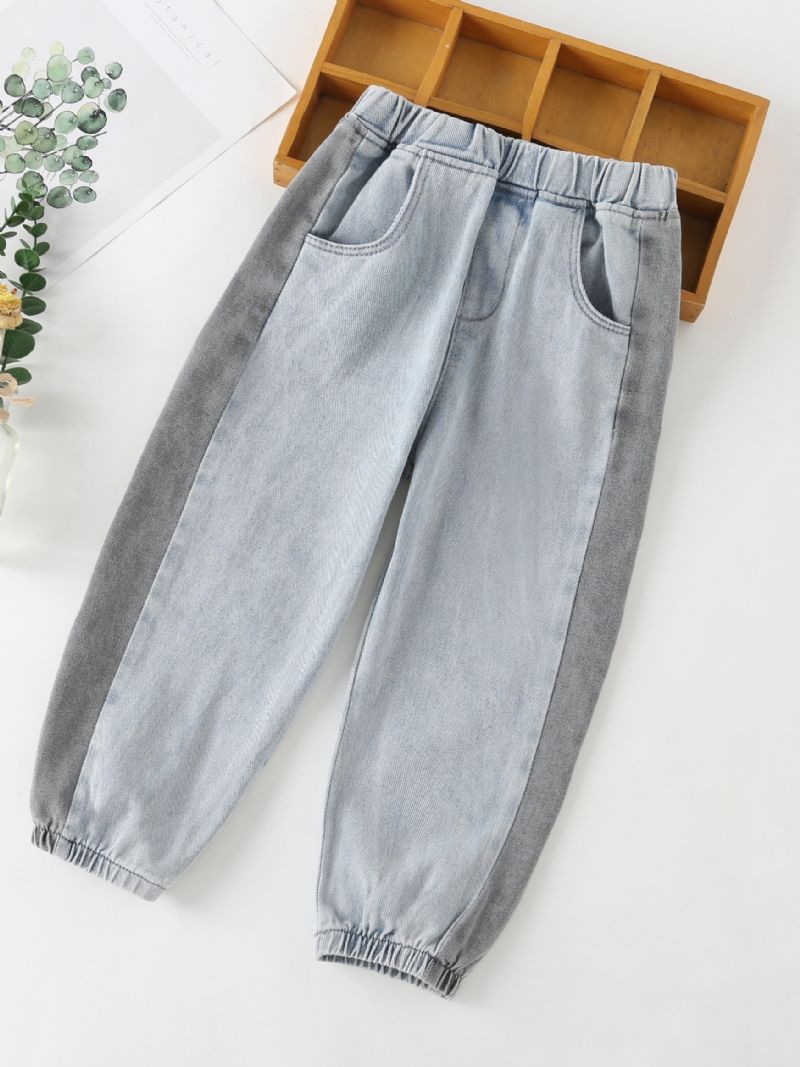 Gutter Koniske Jeans Solid Elastisk Linning Denimbukser Barneklær