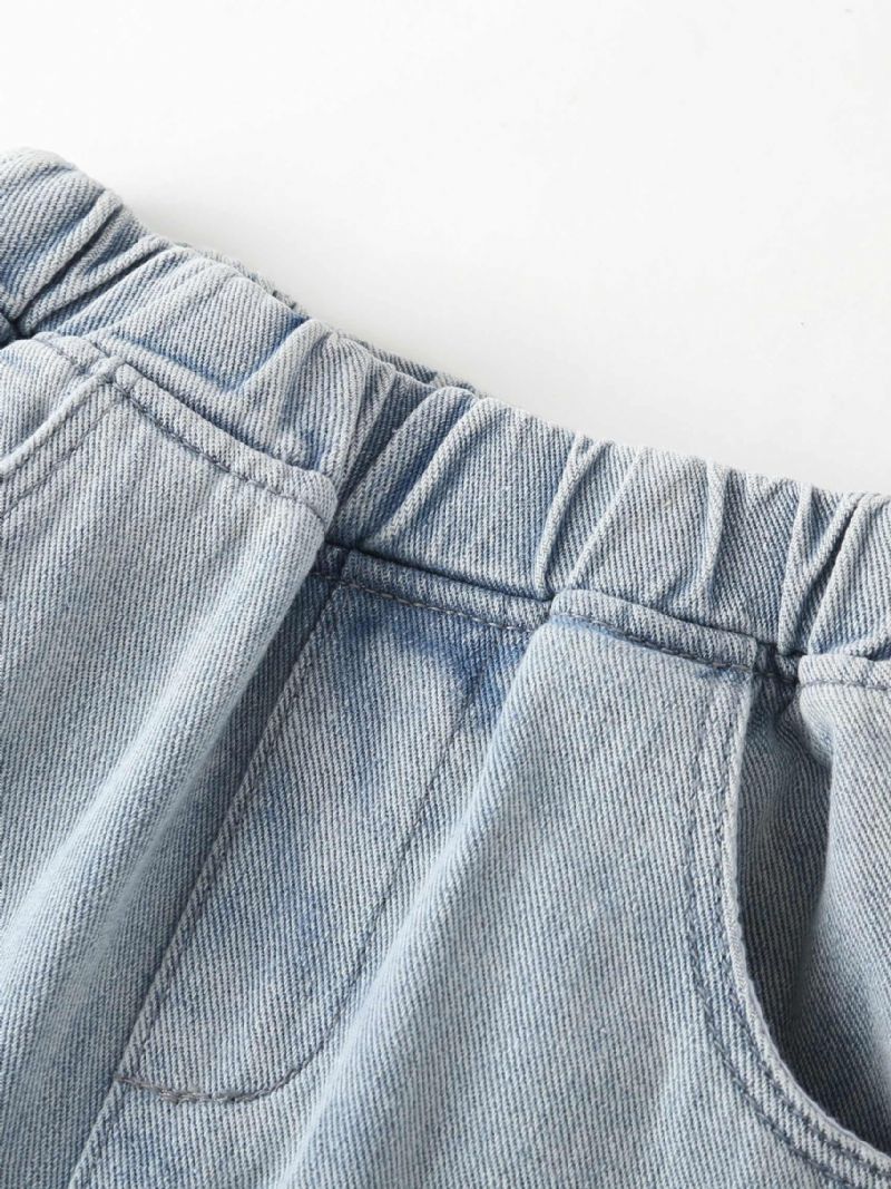 Gutter Koniske Jeans Solid Elastisk Linning Denimbukser Barneklær