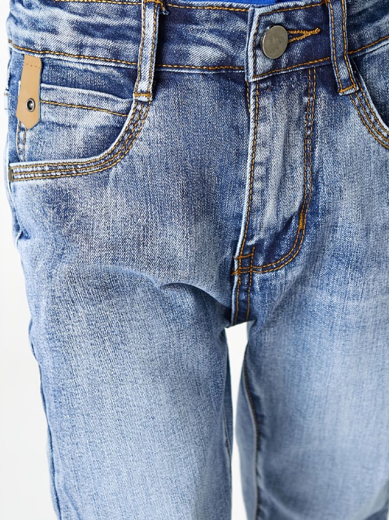 Gutter Lys Blå Falmet Glidelås Vasket Denim Jeans Barneklær