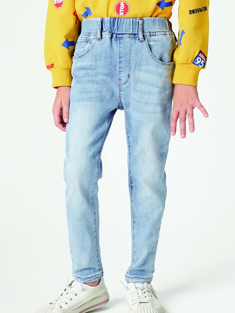 Gutter Lyseblå Elastisk Midje Falmet Denim Jeans Barneklær