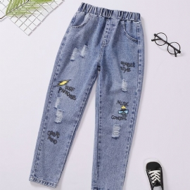 Gutter Mote Tegneserie Print Ripped Cotton Jeans