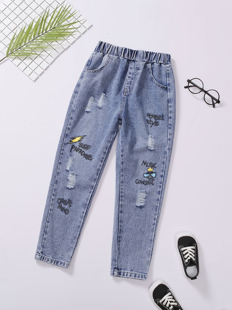 Gutter Mote Tegneserie Print Ripped Cotton Jeans
