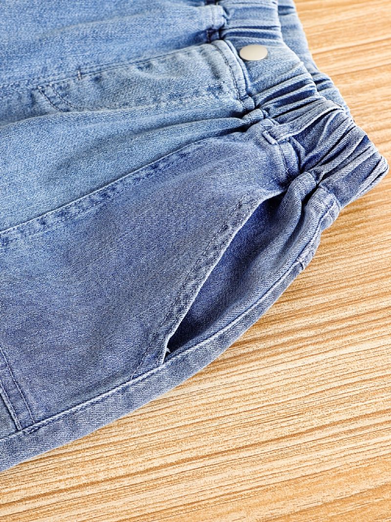 Gutter Solid Konisk Jeans Dongeribukser Med Elastisk Linning Barneklær