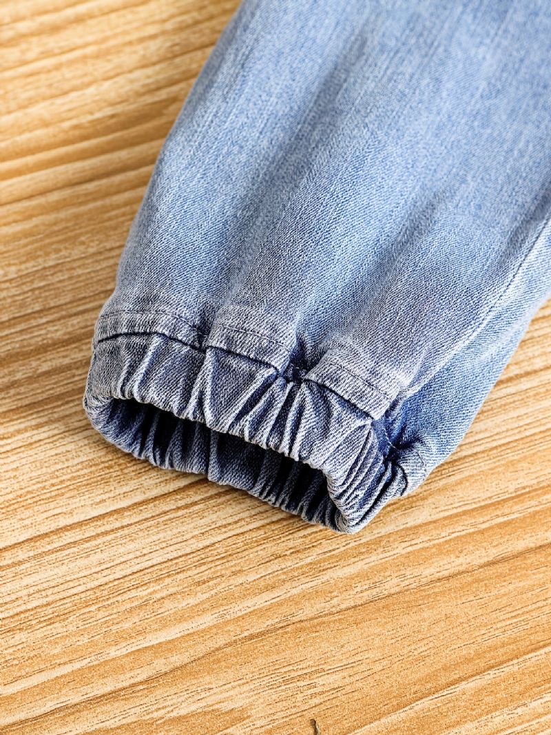 Gutter Solid Konisk Jeans Dongeribukser Med Elastisk Linning Barneklær