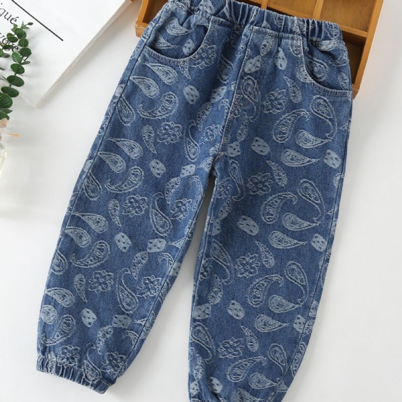 Gutter Stretch Koniske Jeans Geometrisk Mønster Elastisk Linning Dongeribukser Barneklær