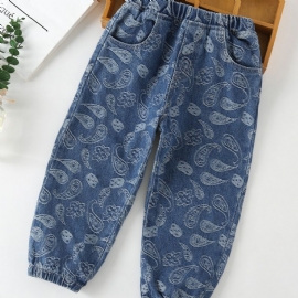 Gutter Stretch Koniske Jeans Geometrisk Mønster Elastisk Linning Dongeribukser Barneklær