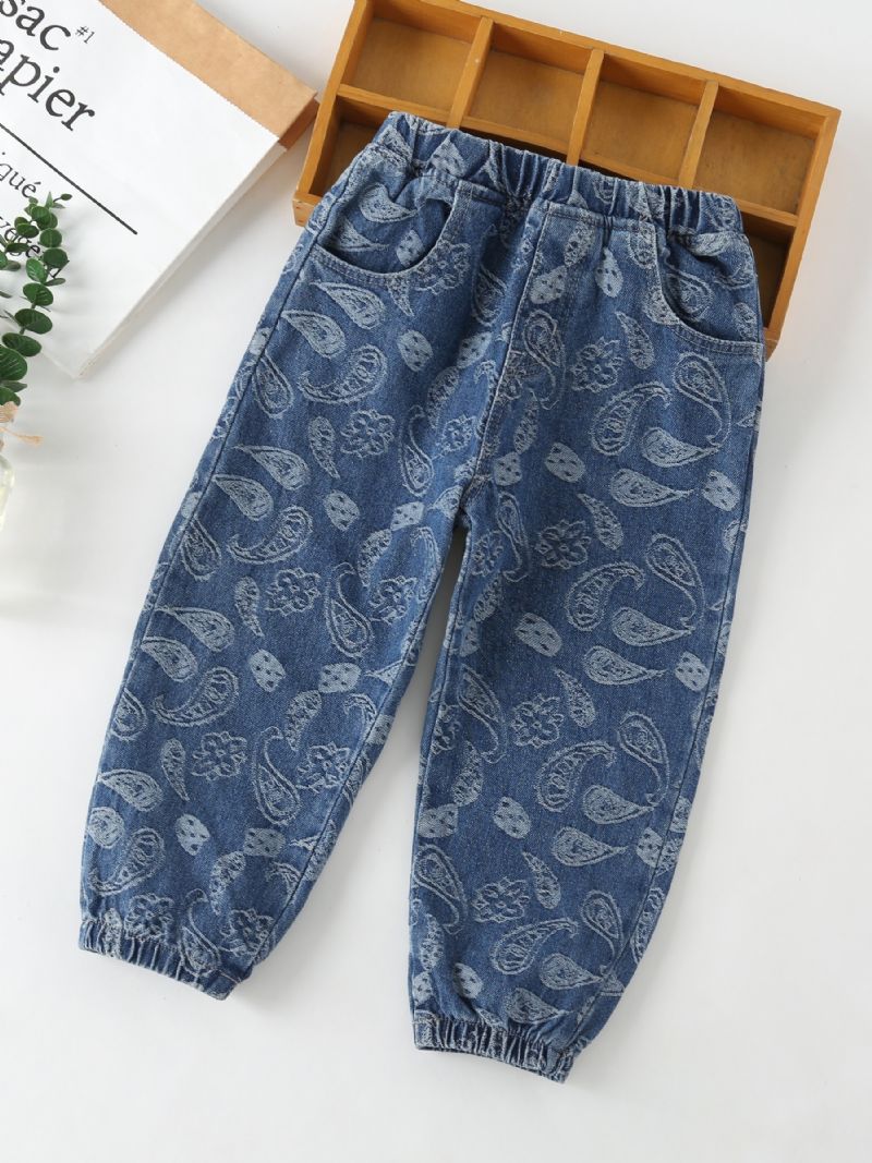 Gutter Stretch Koniske Jeans Geometrisk Mønster Elastisk Linning Dongeribukser Barneklær