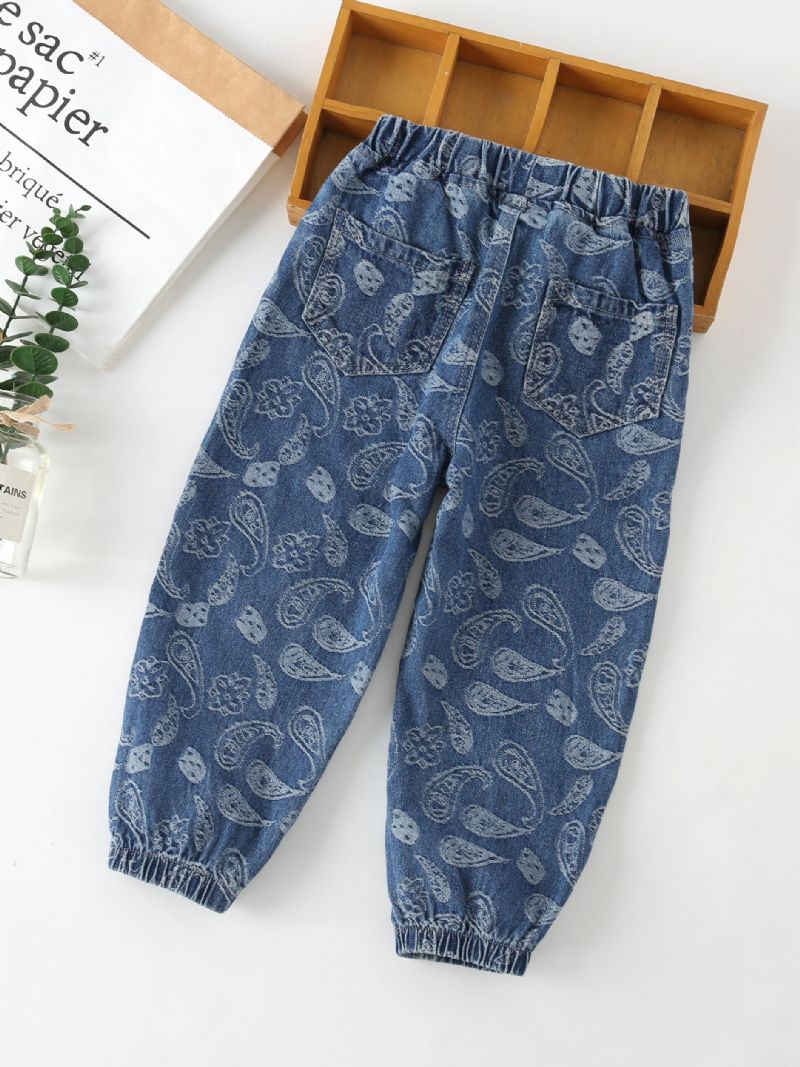 Gutter Stretch Koniske Jeans Geometrisk Mønster Elastisk Linning Dongeribukser Barneklær