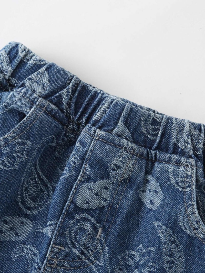 Gutter Stretch Koniske Jeans Geometrisk Mønster Elastisk Linning Dongeribukser Barneklær