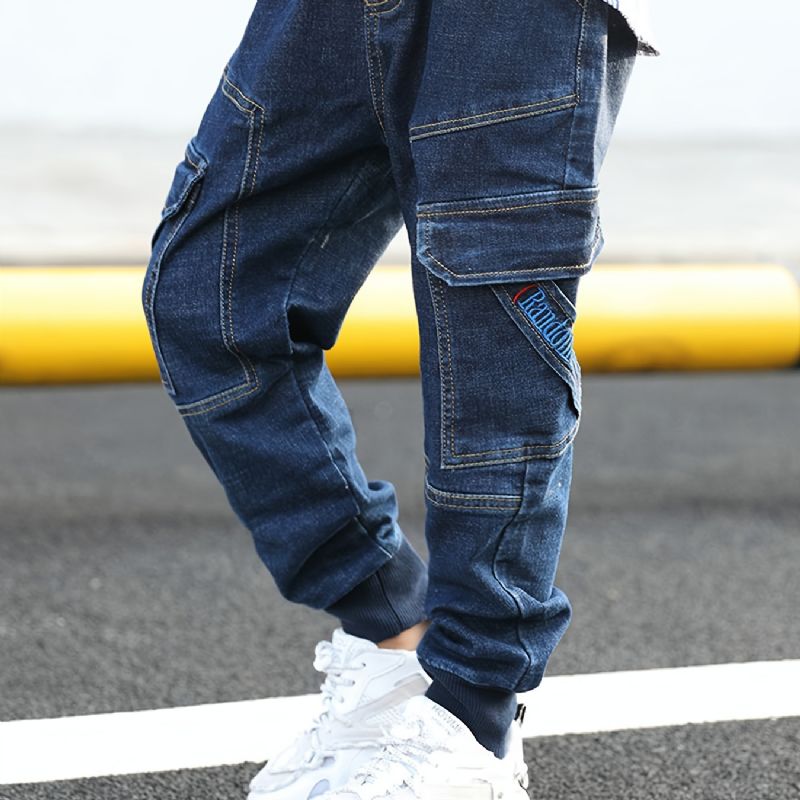 Gutter Stretch Tapered Cargo Denim Jeans Med Elastisk Linning Barneklær