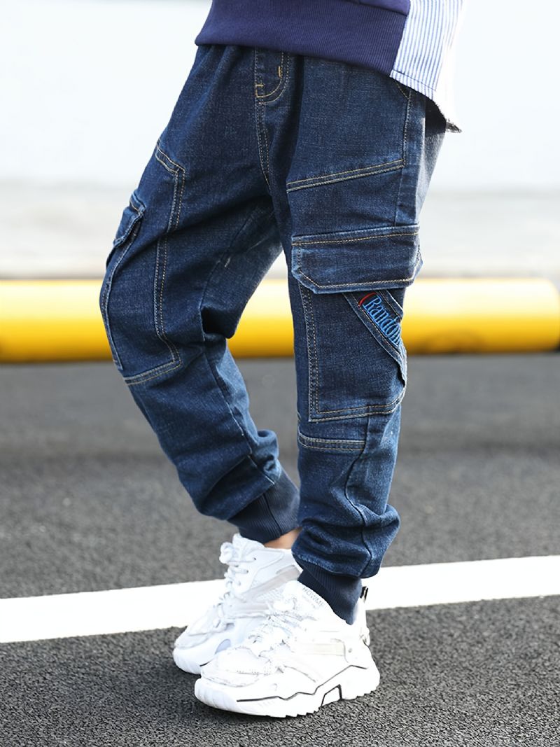 Gutter Stretch Tapered Cargo Denim Jeans Med Elastisk Linning Barneklær