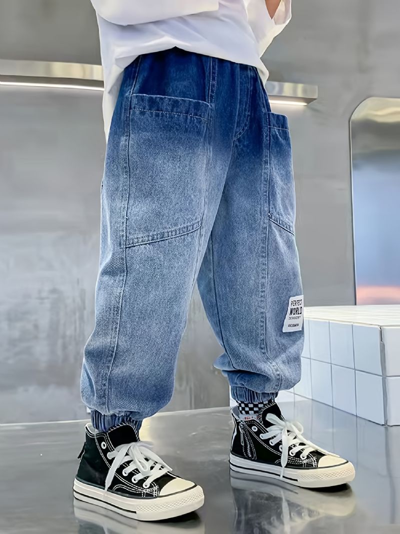 Gutter Tapered Cargo Denim Jeans Med Elastisk Linning Barneklær